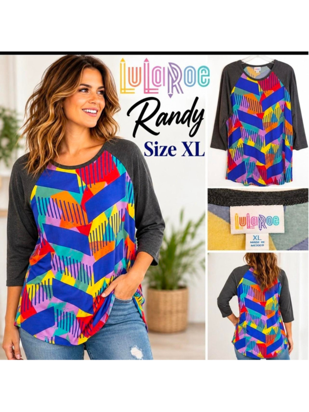 LuLaRoe Randy XL Colorful Geometric Raglan Baseball Top NWT